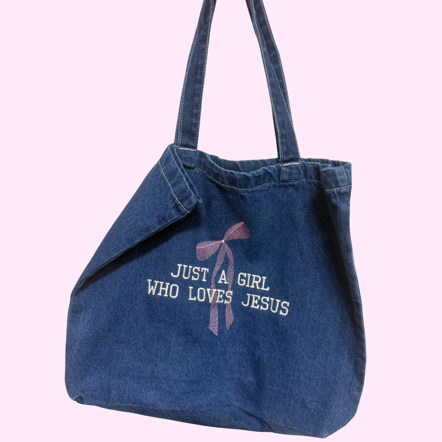 JUST A GIRL THAT LOVES JESUS DENIM EMBROIDERED BAG