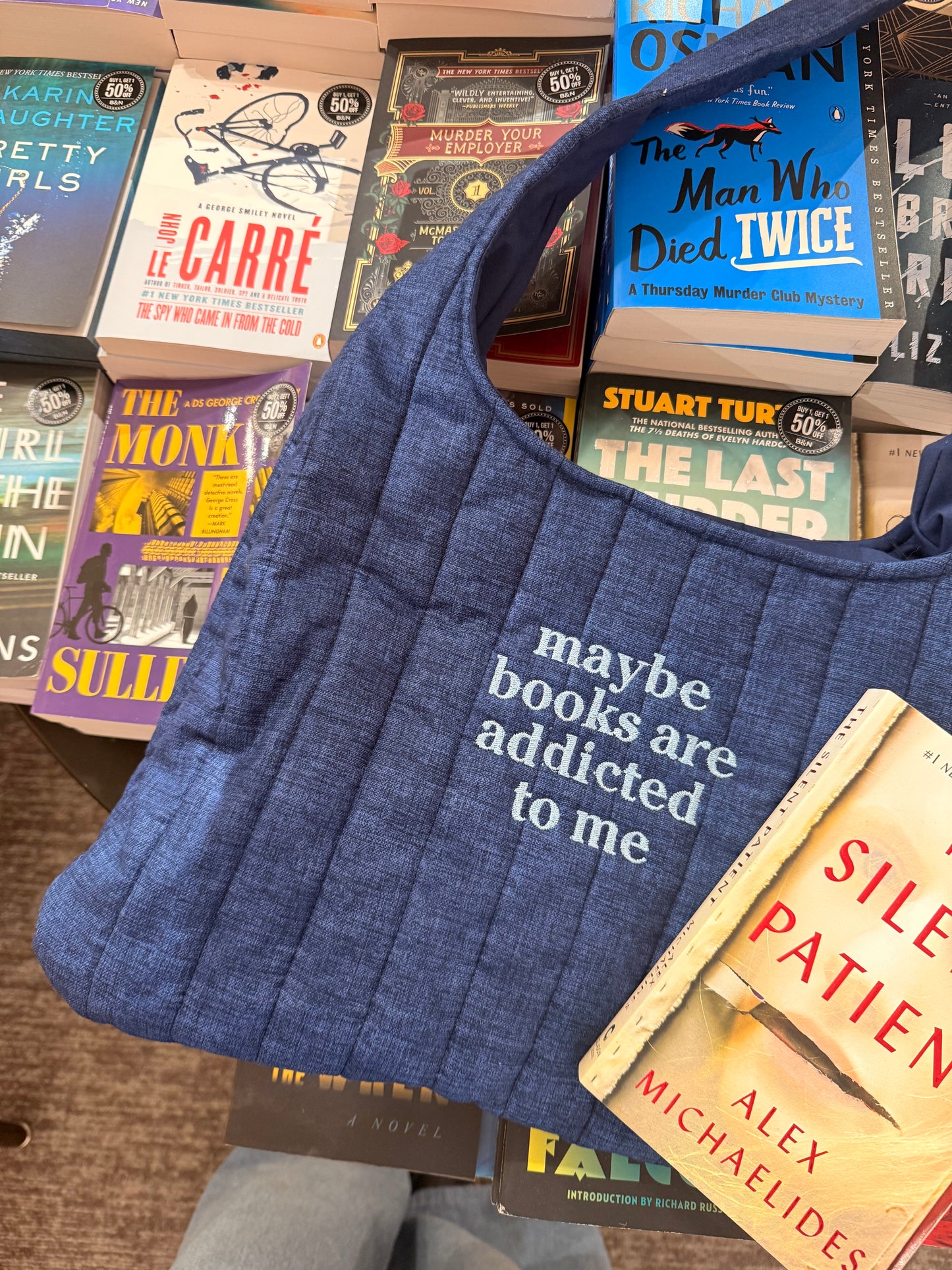 MAYBE BOOKS ARE ADDICTED TO ME EMBROIDERED BAG