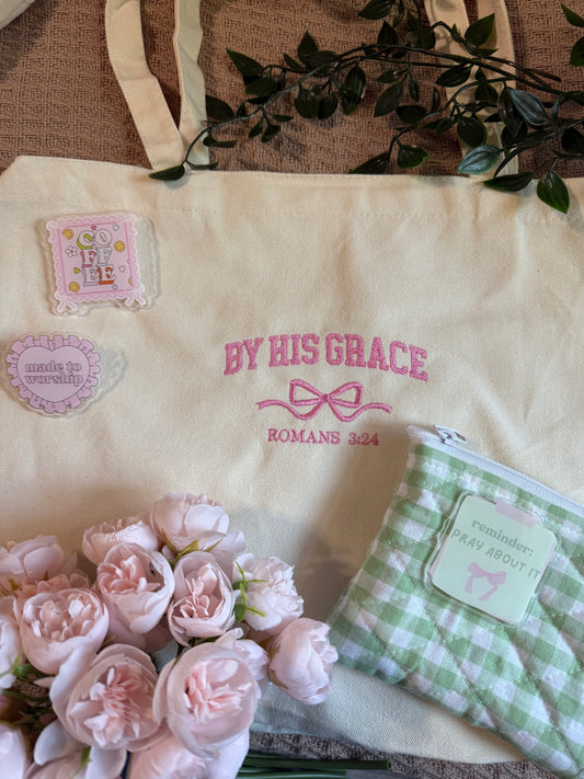 BY HIS GRACE EMBROIDERED CANVAS TOTE BAG