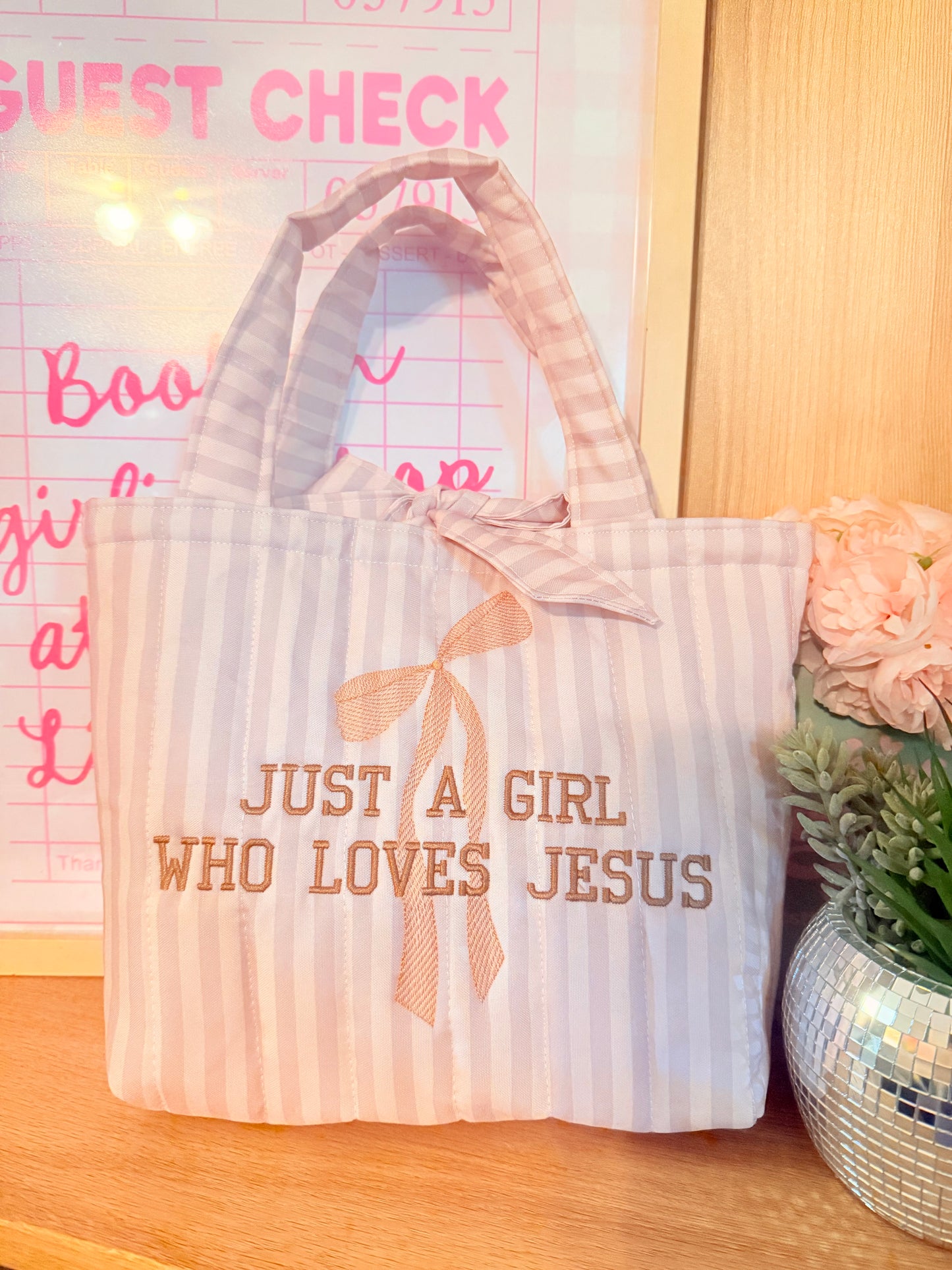 JUST A GIRL WHO LOVES JESUS EMBROIDERED MINI TOTE