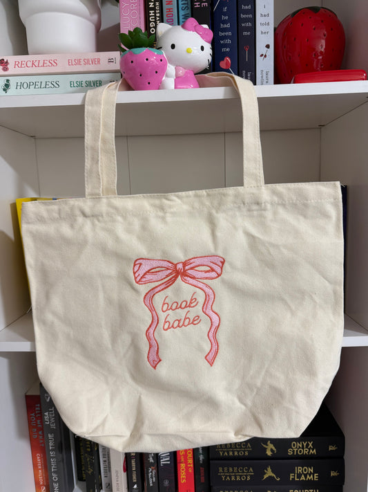 BOOK BABE EMBROIDERED CANVAS TOTE BAG