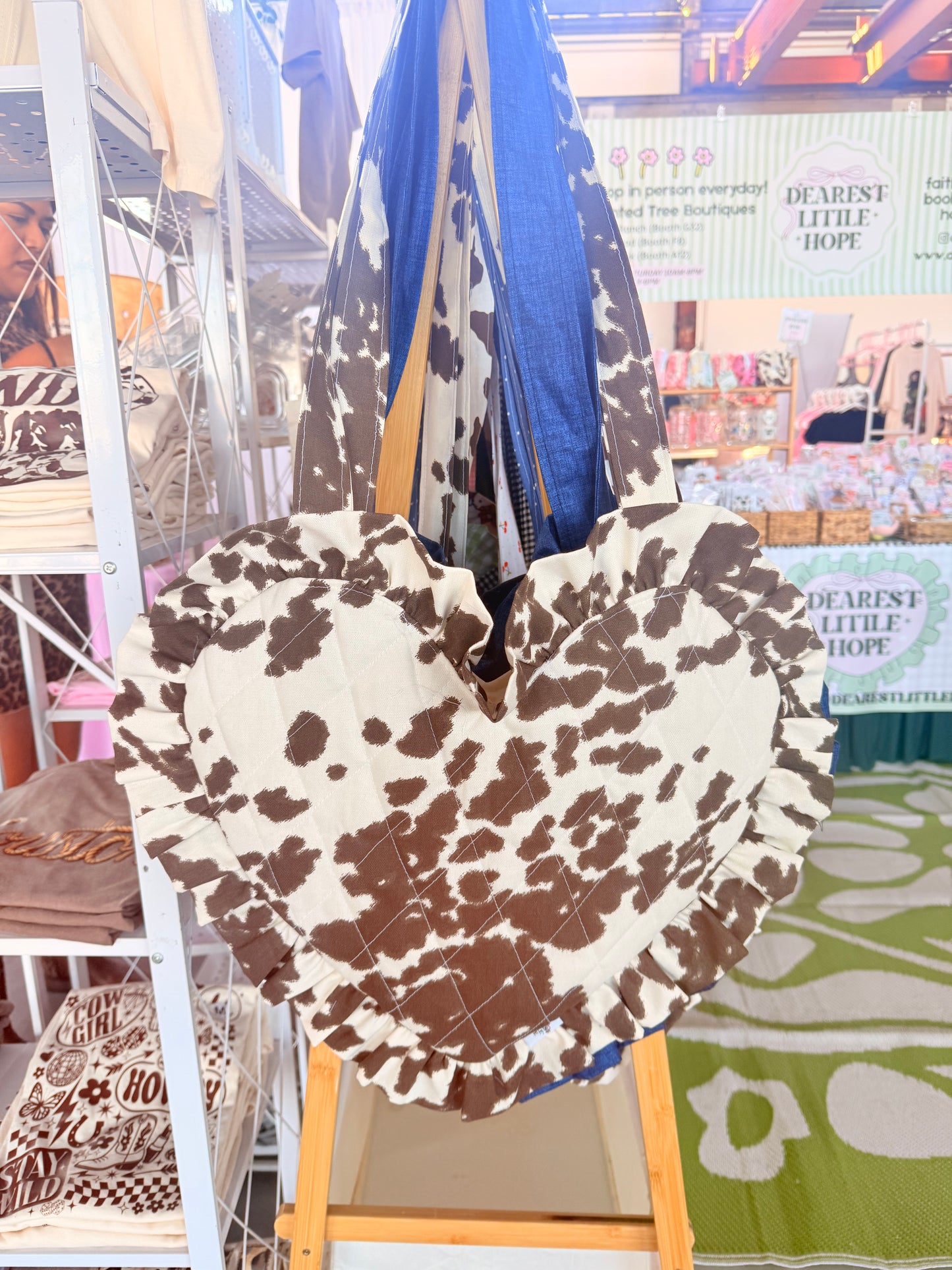 COW PRINT BROWN HEART BOOK BAG
