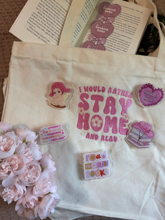 I WOULD RATHER STAY HOME AND READ EMBROIDERED CANVAS TOTE BAG