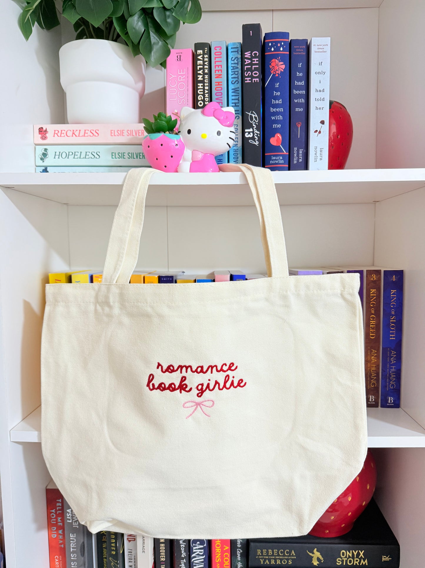 ROMANCE BOOK GIRLIE EMBROIDERED CANVAS TOTE BAG