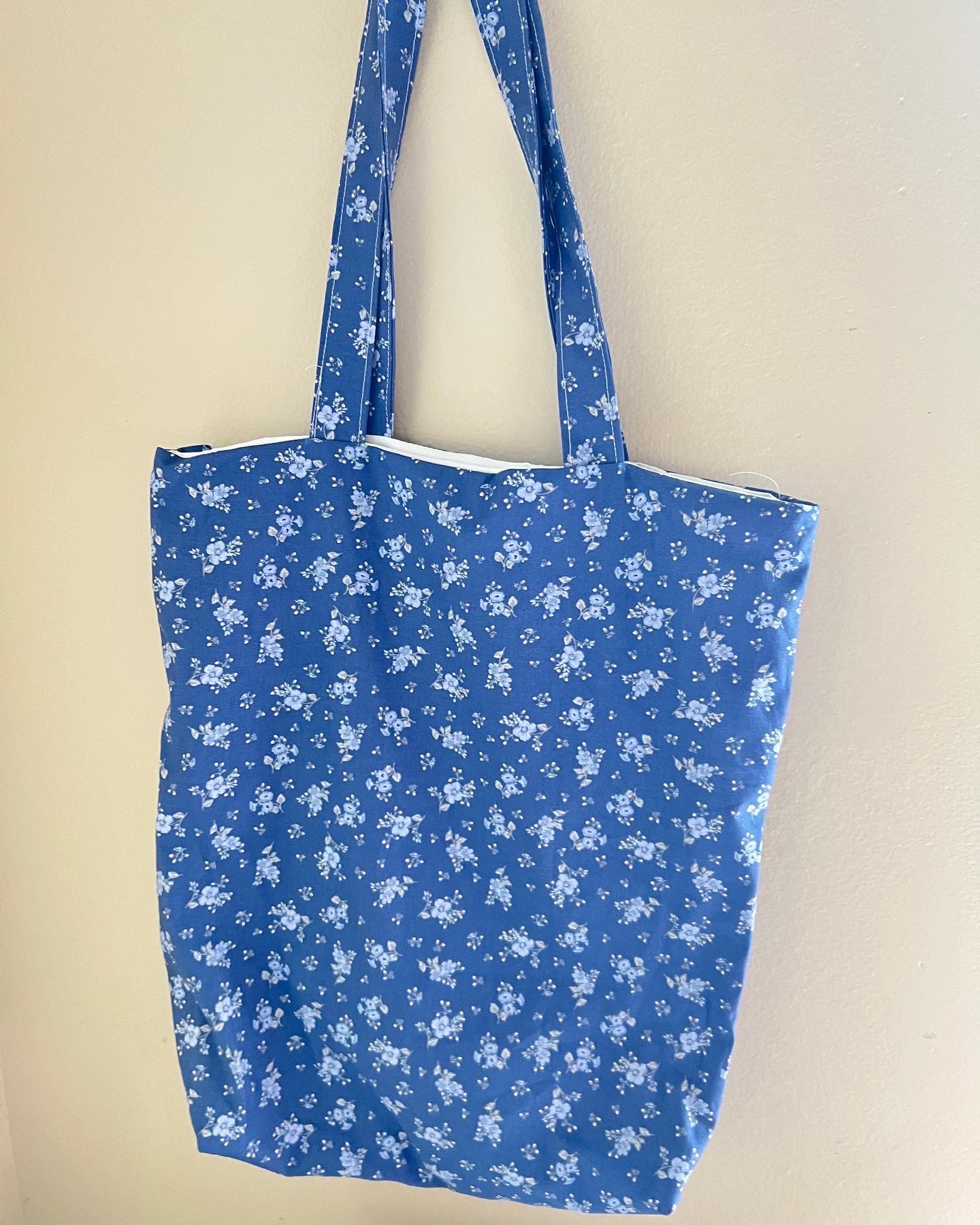 Blue 2024 Canvas Fabric Tote Bag Handmade Printed Floral Flower Bag