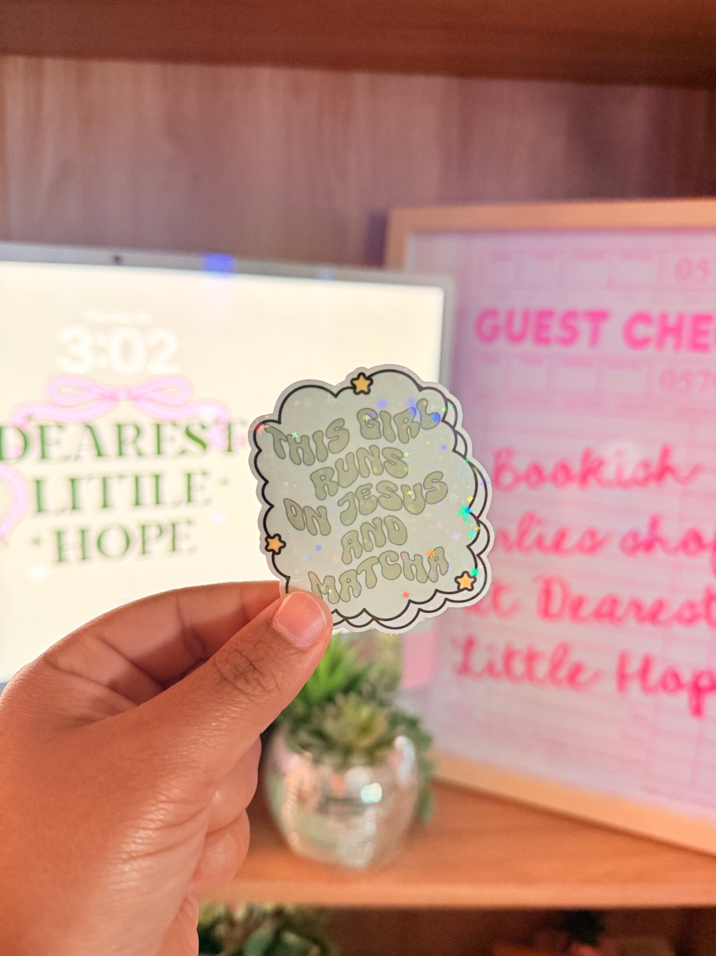 THIS GIRL RUNS ON JESUS AND MATCHA HOLOGRAPHIC STICKER
