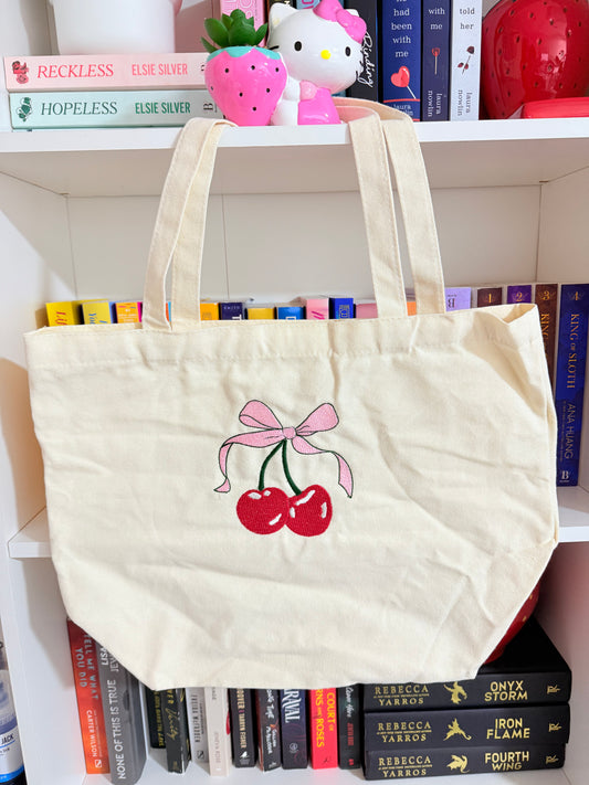 CHERRY BOW EMBROIDERED CANVAS TOTE BAG
