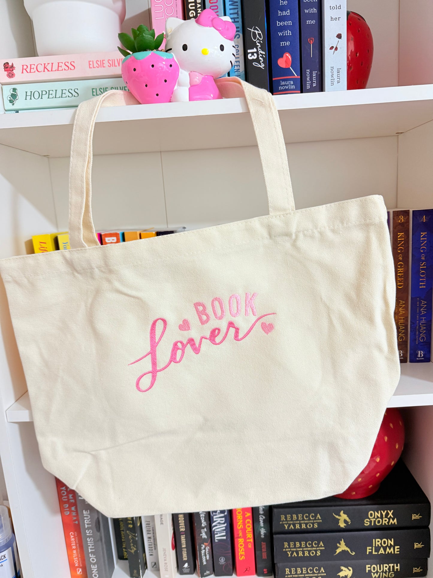BOOK LOVER EMBROIDERED CANVAS TOTE BAG