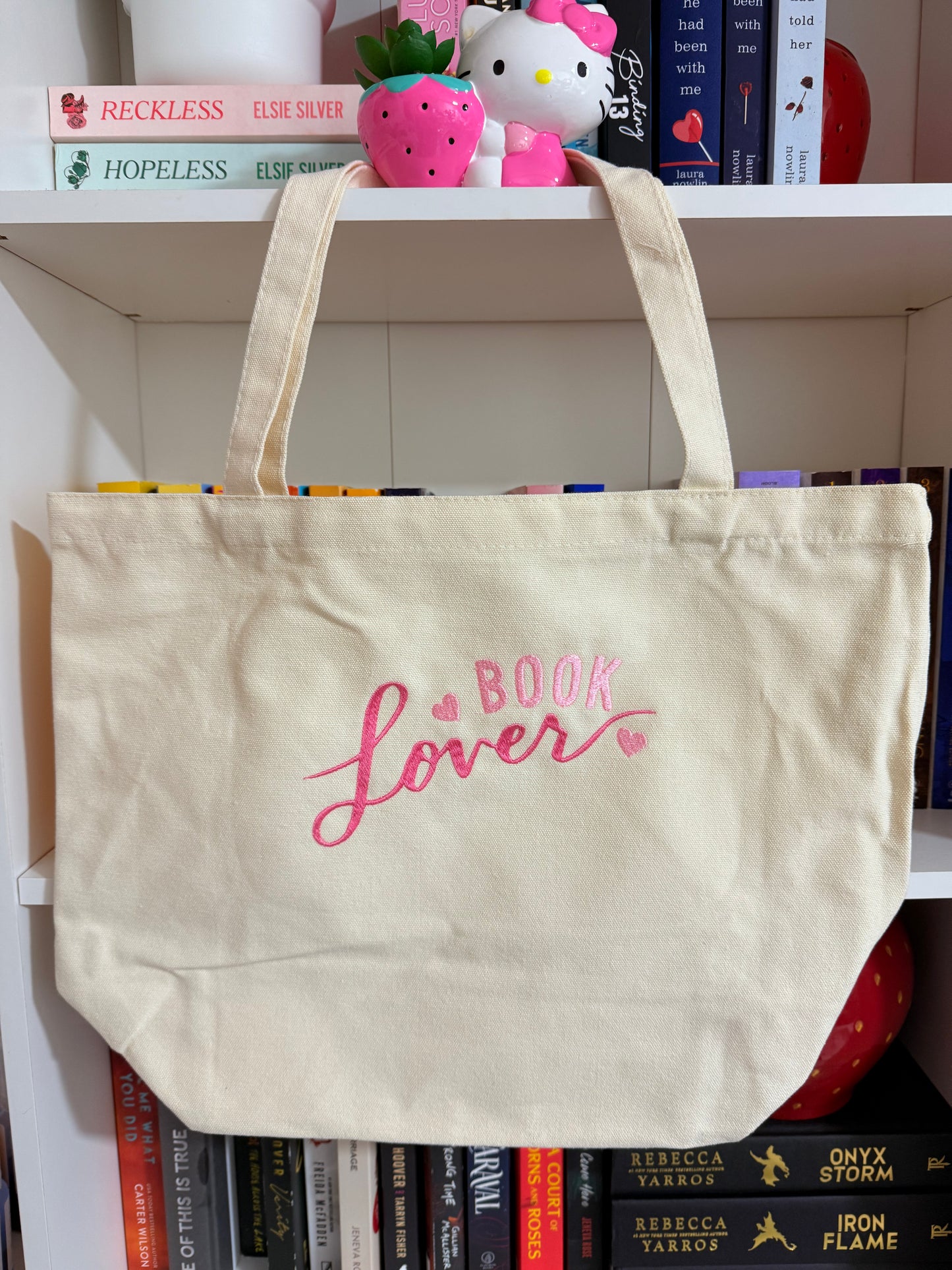 BOOK LOVER EMBROIDERED CANVAS TOTE BAG