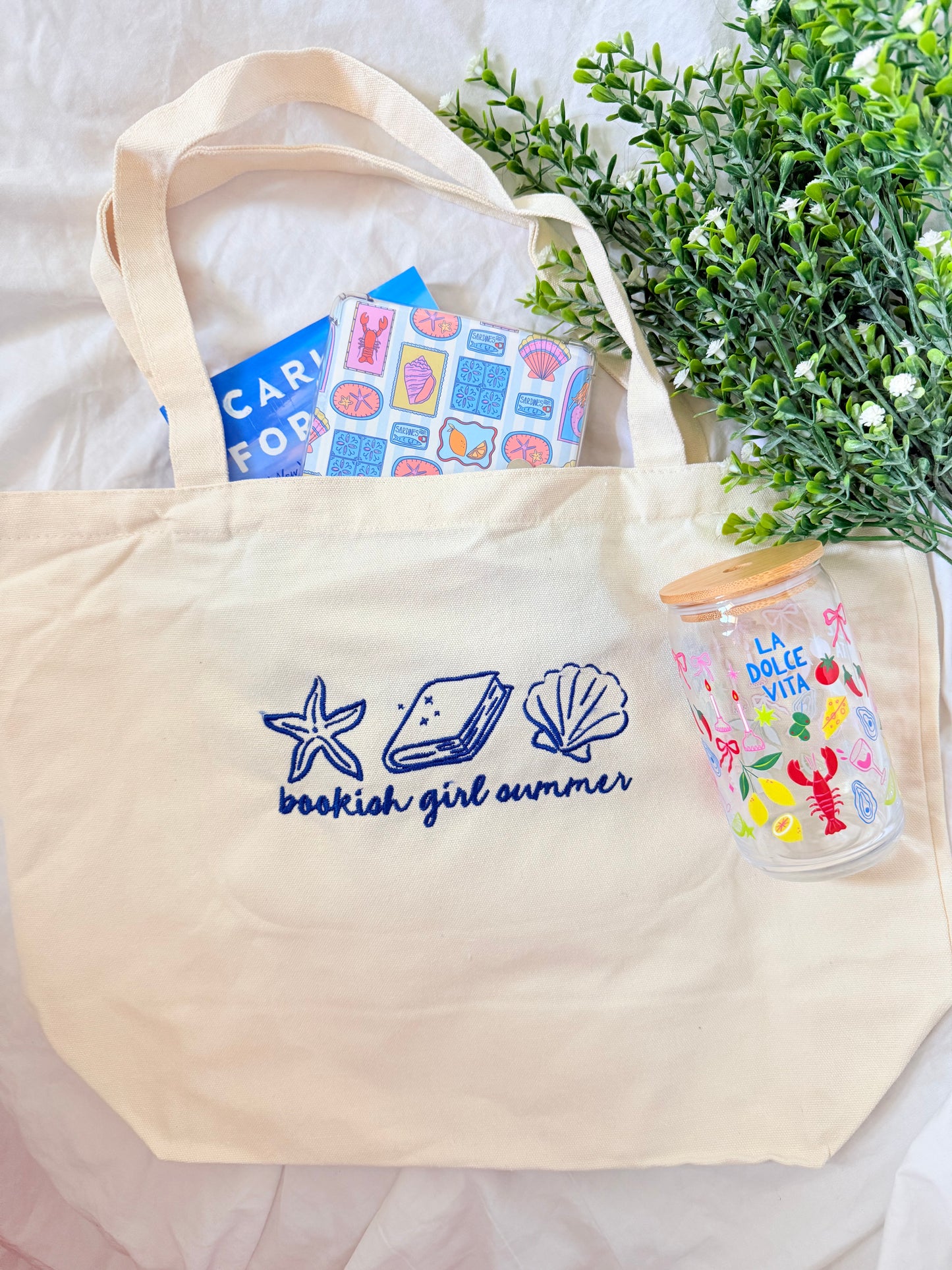 BOOKISH GIRL SUMMER EMBROIDERED CANVAS TOTE BAG
