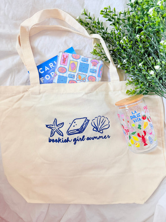 BOOKISH GIRL SUMMER EMBROIDERED CANVAS TOTE BAG