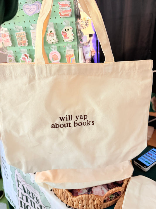 WILL YAP ABOUT BOOKS EMBROIDERED CANVAS TOTE