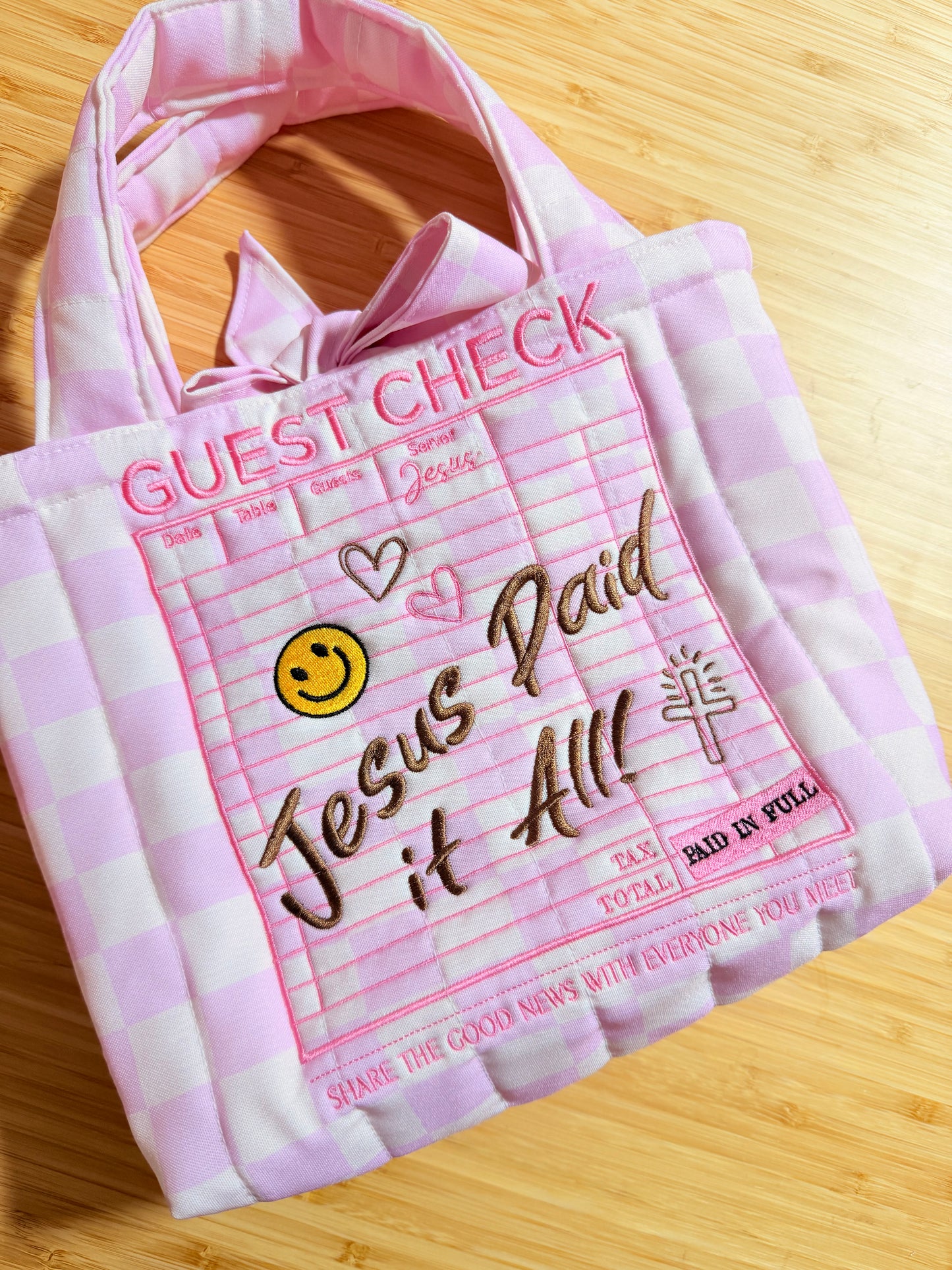 GUEST CHECK JESUS PAID IT ALL EMBROIDERED MINI TOTE