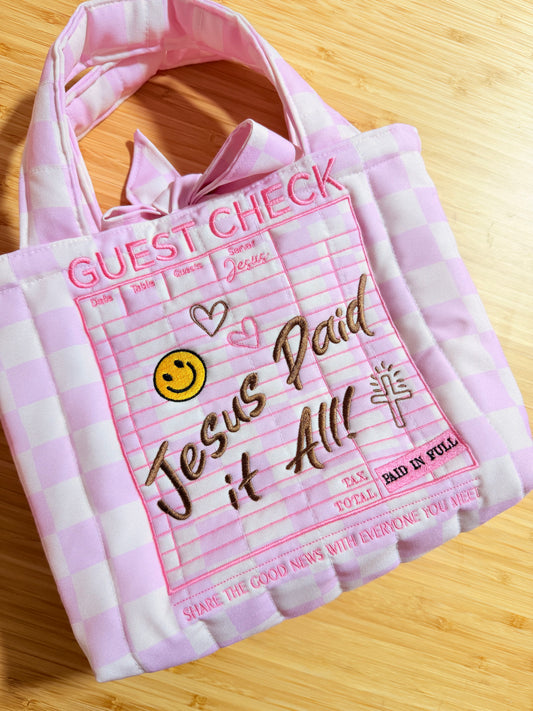 GUEST CHECK JESUS PAID IT ALL EMBROIDERED MINI TOTE