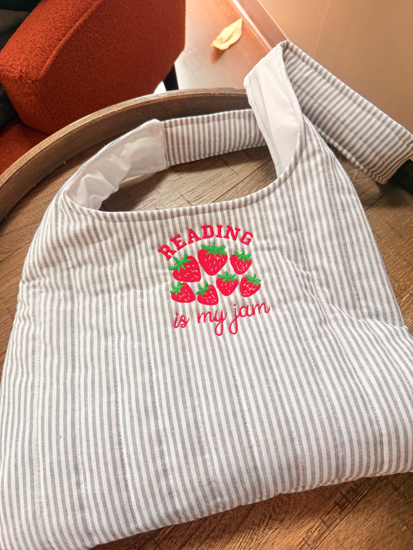 READING IS MY JAM EMBROIDERED STRIPED BAG