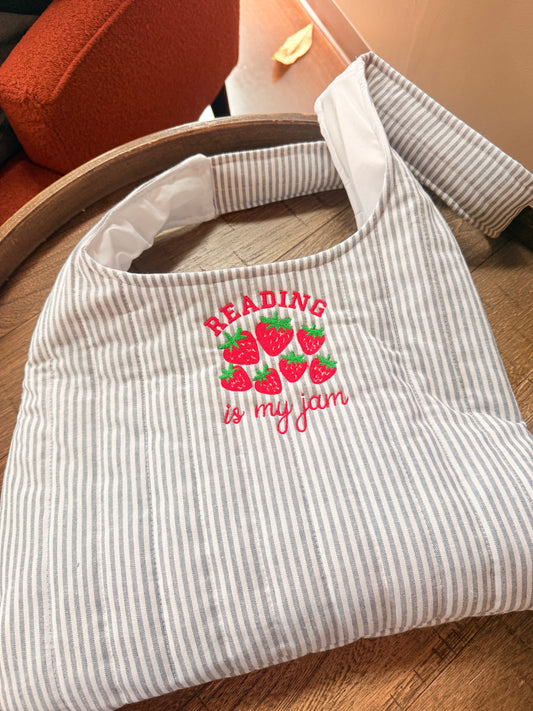 READING IS MY JAM EMBROIDERED STRIPED BAG