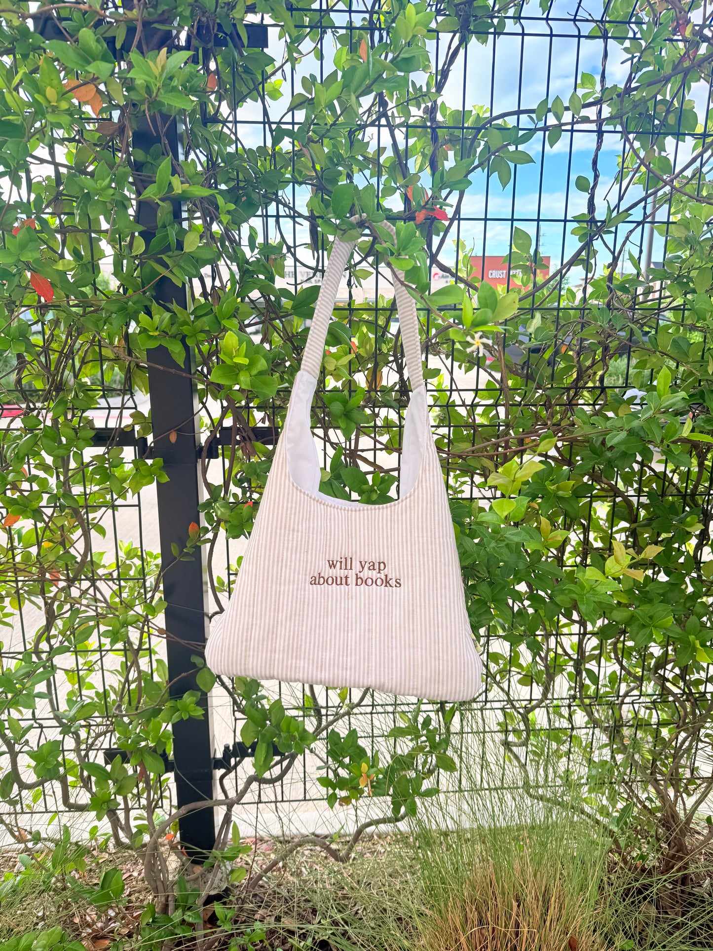WILL YAP ABOUT BOOKS EMBROIDERED STRIPED BAG