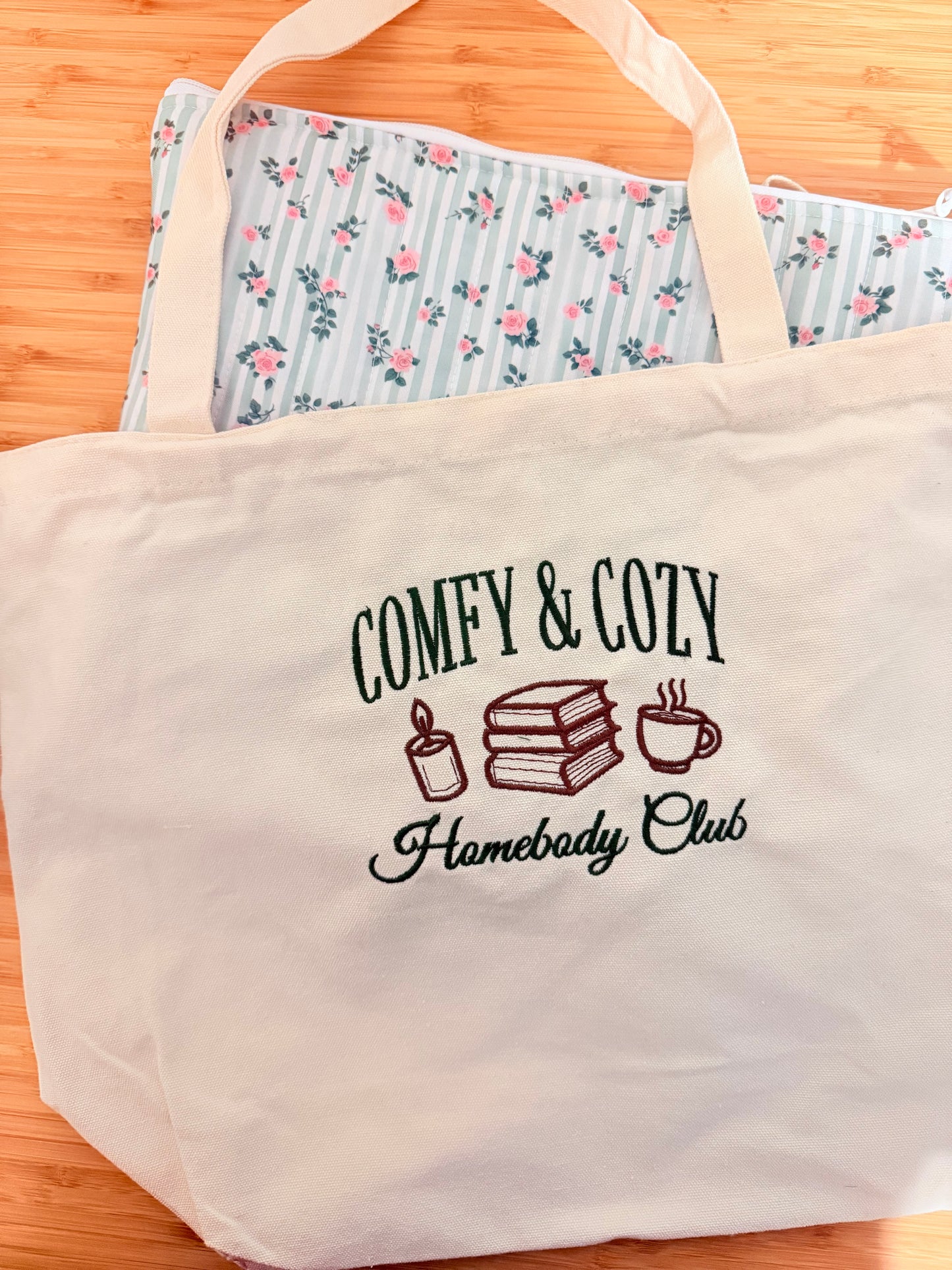 COMFY AND COZY EMBROIDERED CANVAS TOTE BAG