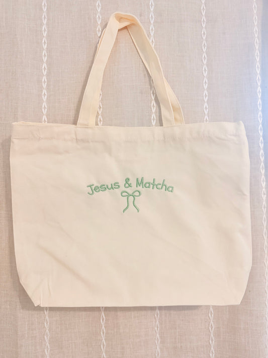 JESUS AND MATCHA EMBROIDERED CANVAS TOTE