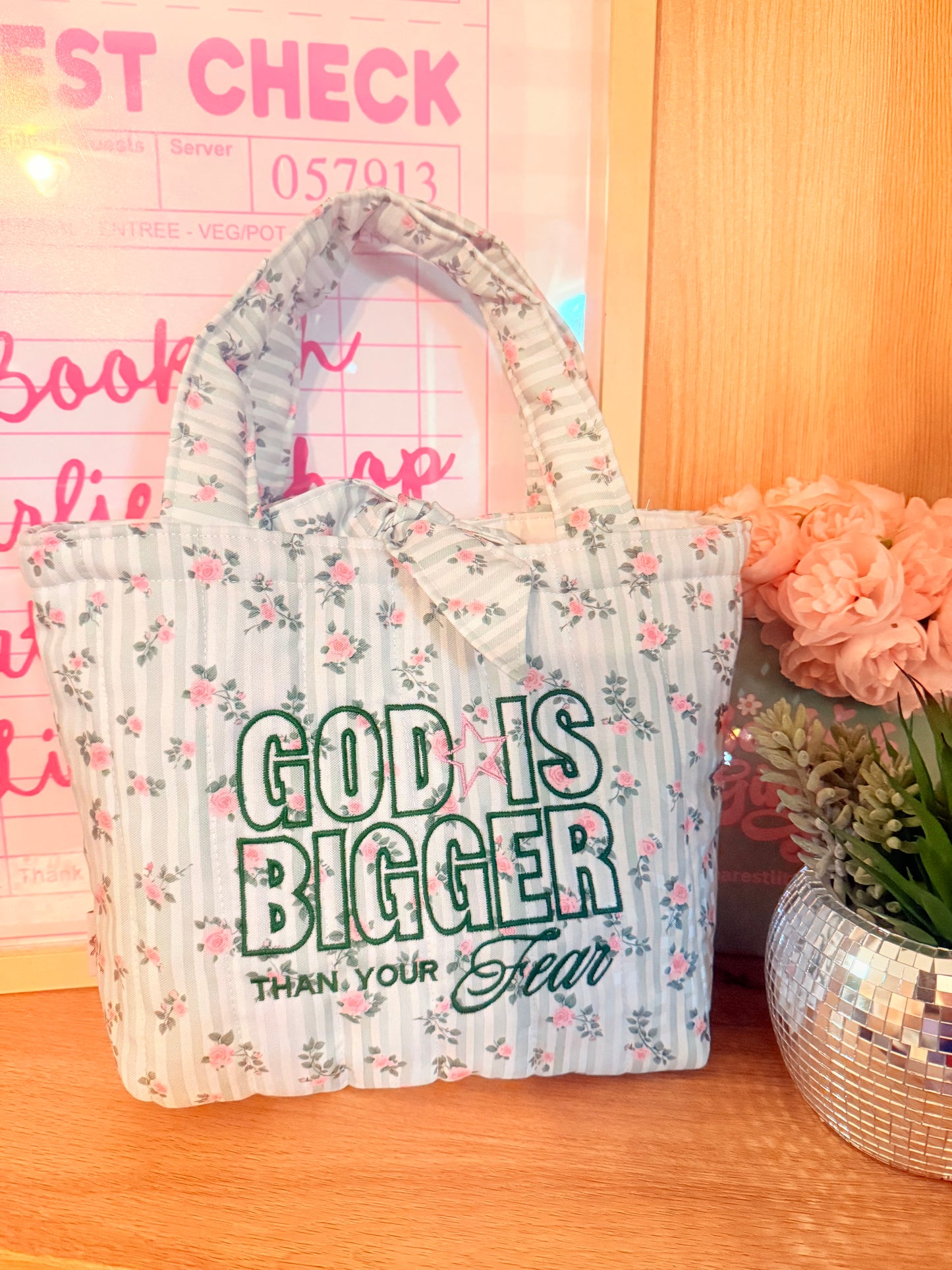 GOD IS BIGGER THAN YOUR FEAR EMBROIDERED MINI TOTE