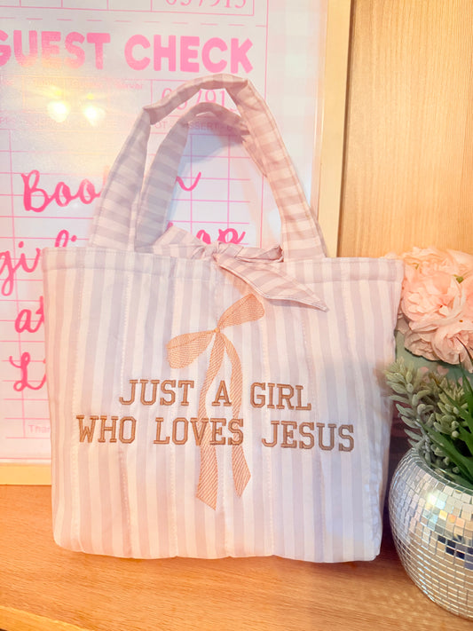JUST A GIRL WHO LOVES JESUS EMBROIDERED MINI TOTE