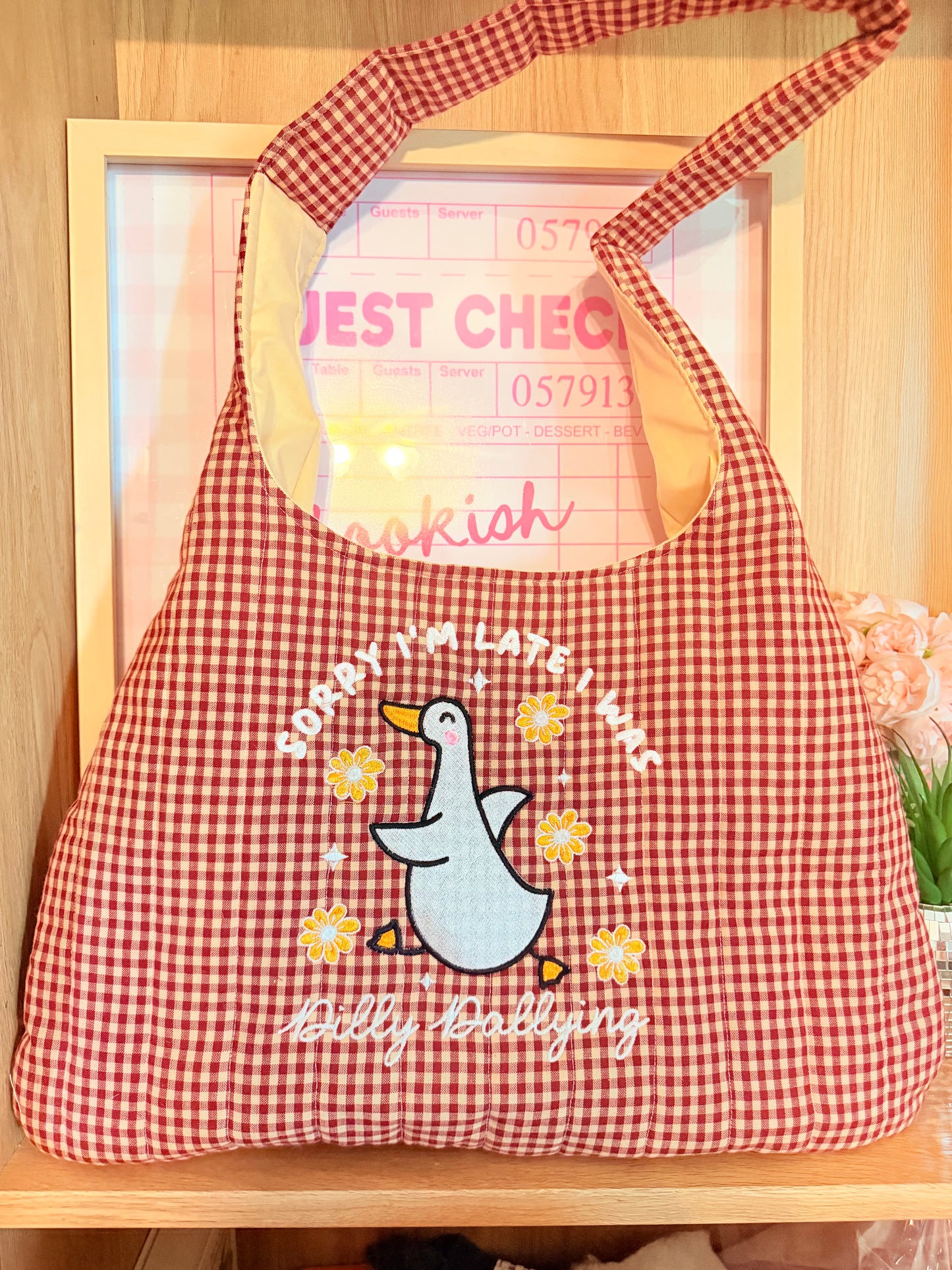 SORRY IM LATE I WAS DILLY DALLYING EMBROIDERED BAG