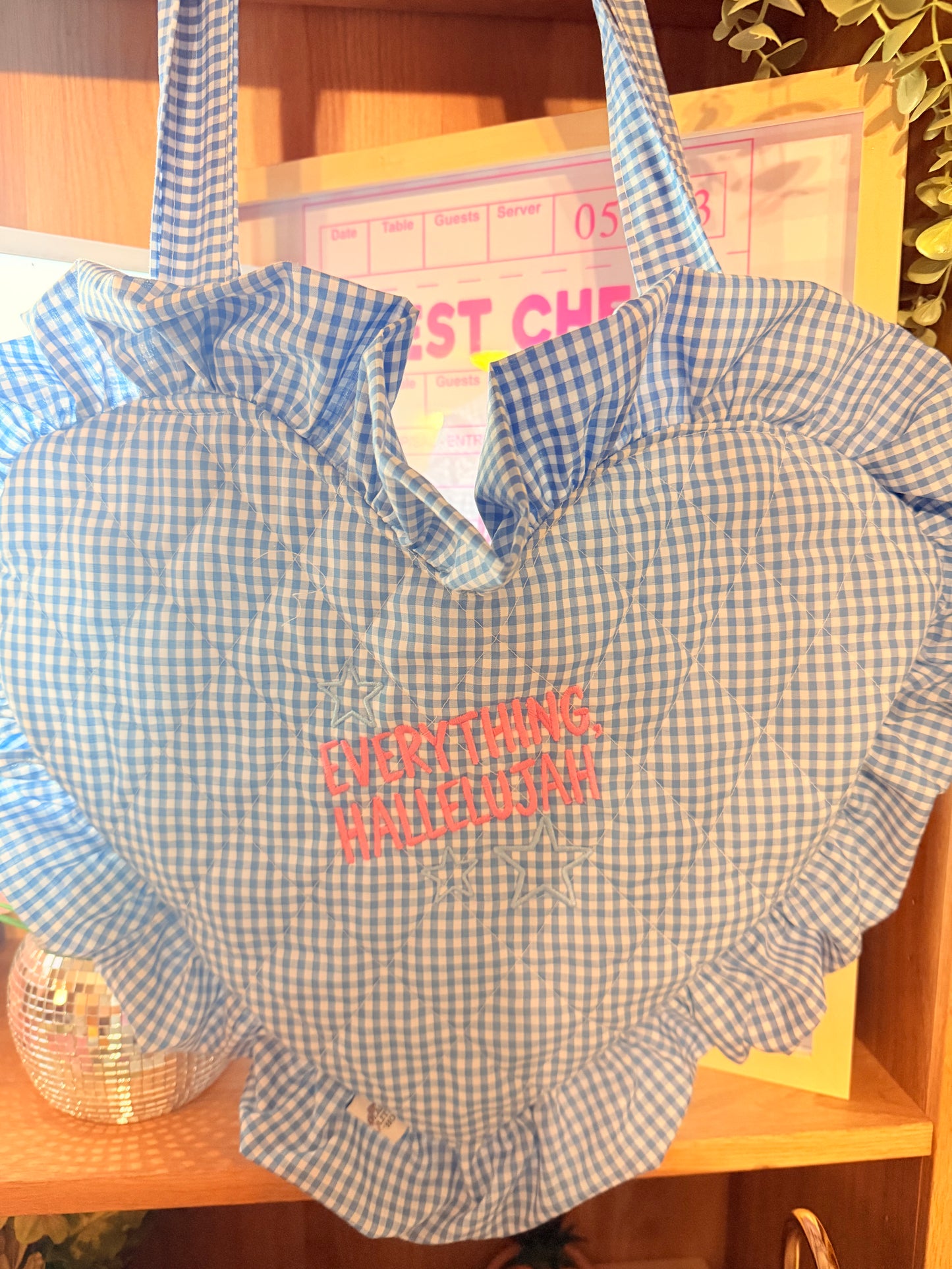 EVERYTHING HALLELUJAH EMBROIDERED HEART BOOK BAG