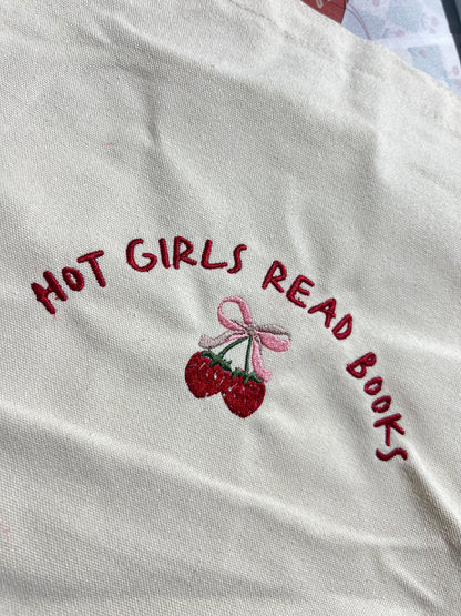 HOT GIRLS READ EMBROIDERED CANVAS TOTE BAG