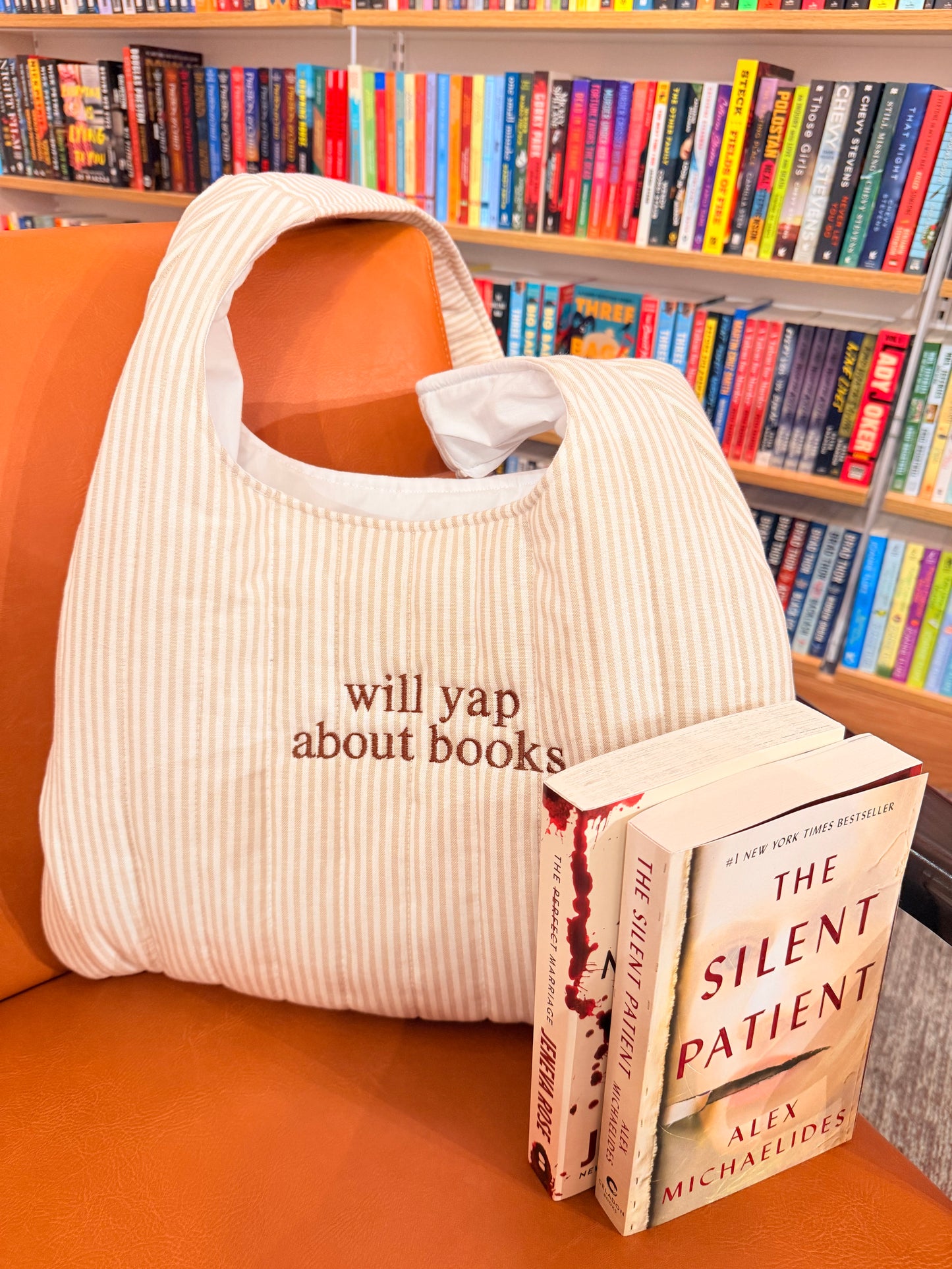 WILL YAP ABOUT BOOKS EMBROIDERED STRIPED BAG