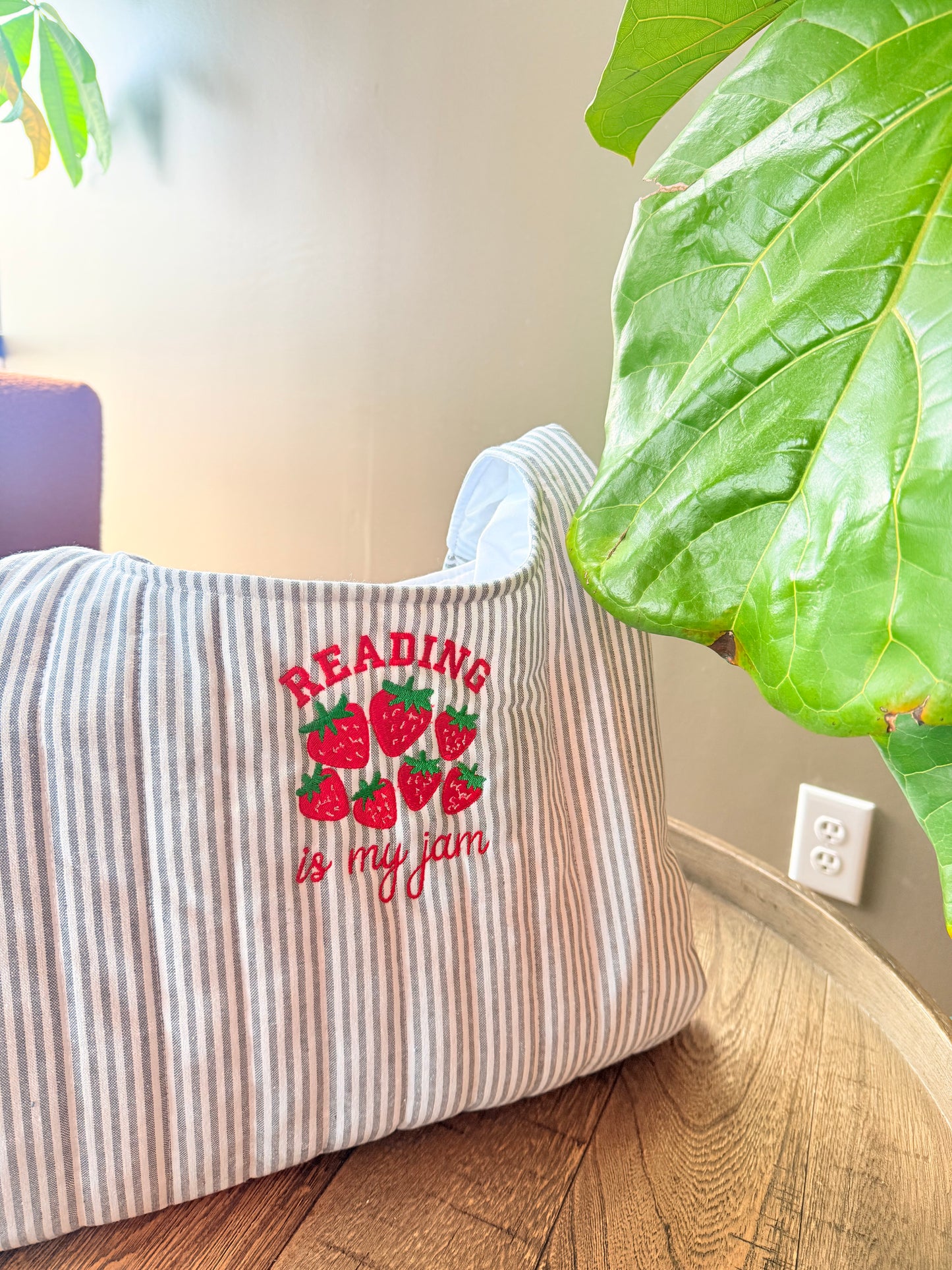 READING IS MY JAM EMBROIDERED STRIPED BAG