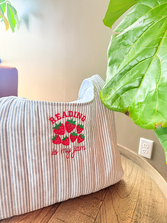 READING IS MY JAM EMBROIDERED STRIPED BAG