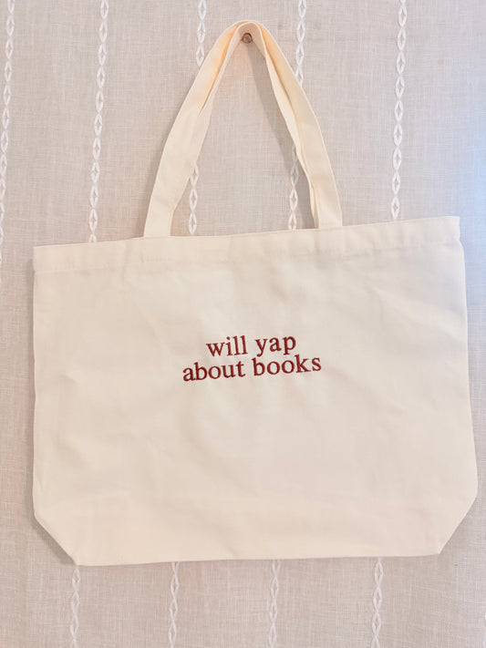 WILL YAP ABOUT BOOKS EMBROIDERED CANVAS TOTE
