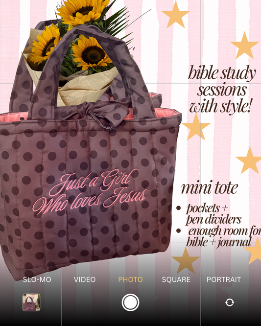 JUST A GIRL WHO LOVES JESUS EMBROIDERED MINI TOTE