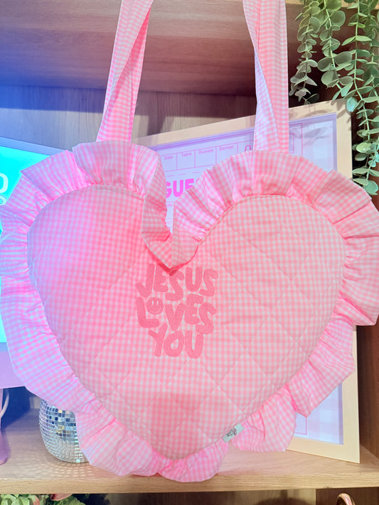 JESUS LOVES YOU EMBROIDERED HEART BOOK BAG