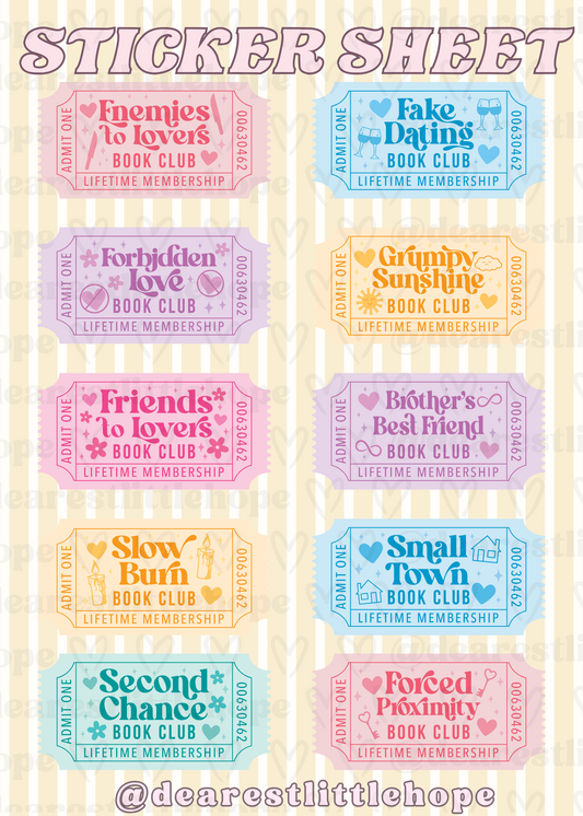 BOOKISH TICKETS STICKER SHEET 4.58IN X 6.41IN