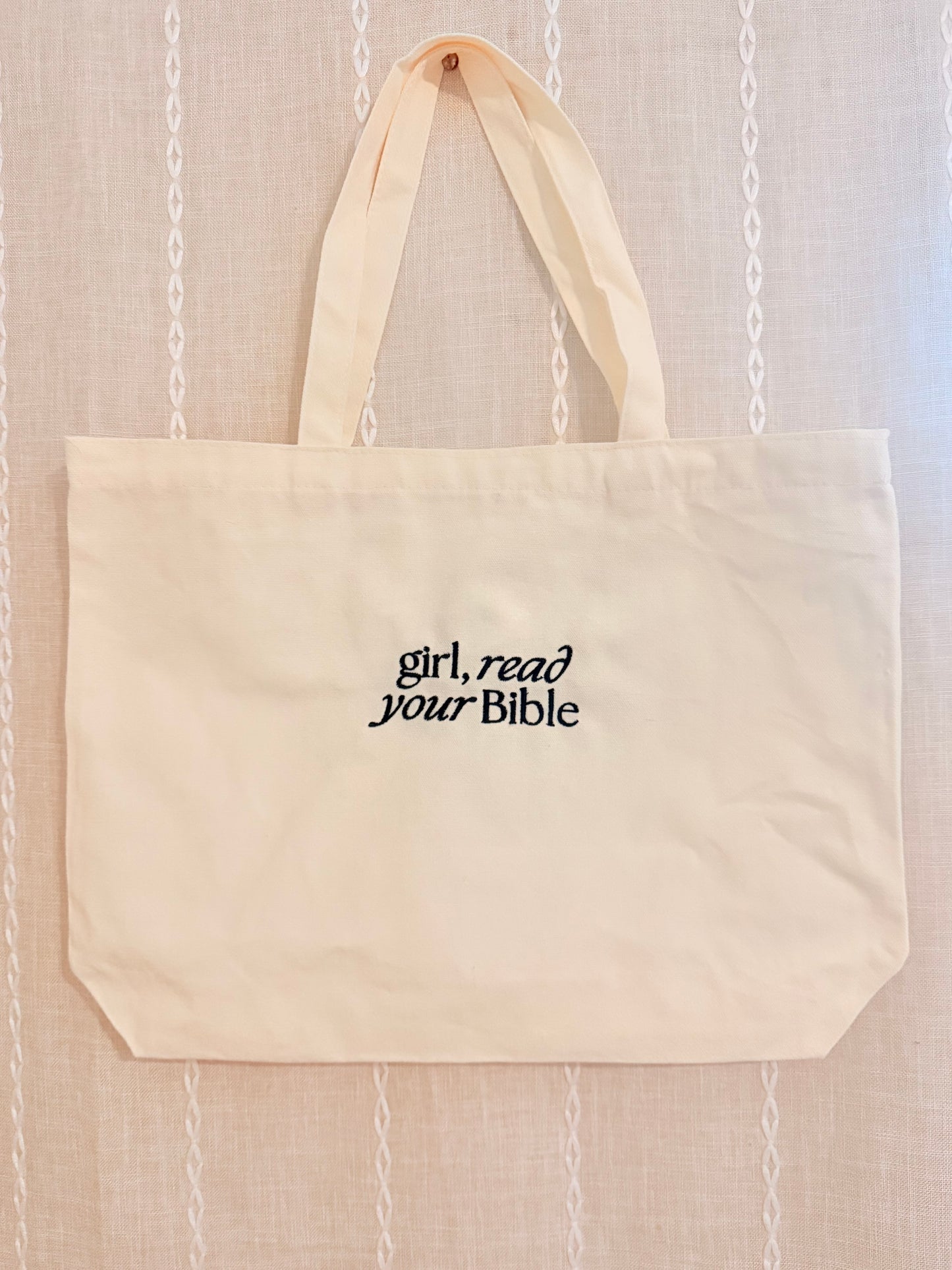 GIRL READ YOUR BIBLE EMBROIDERED CANVAS TOTE