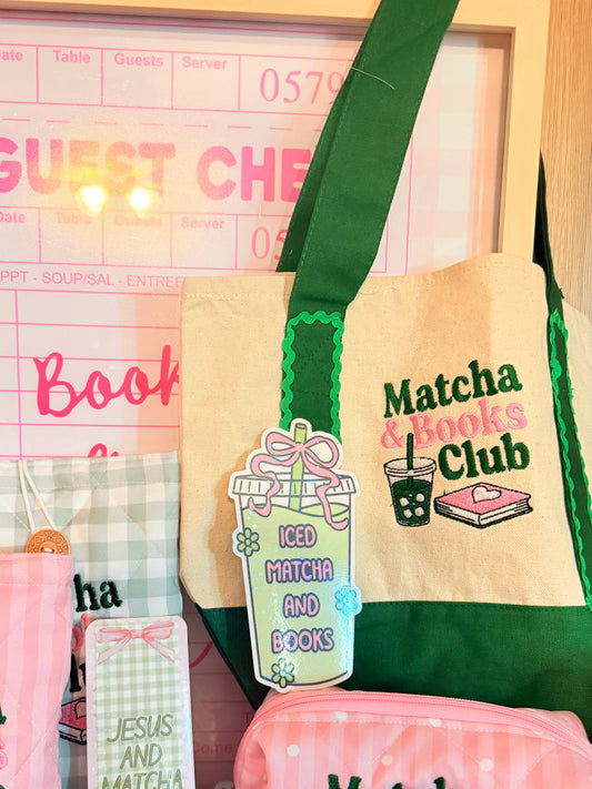 BOOKS AND MATCHA EMBROIDERED CANVAS MINI TOTE