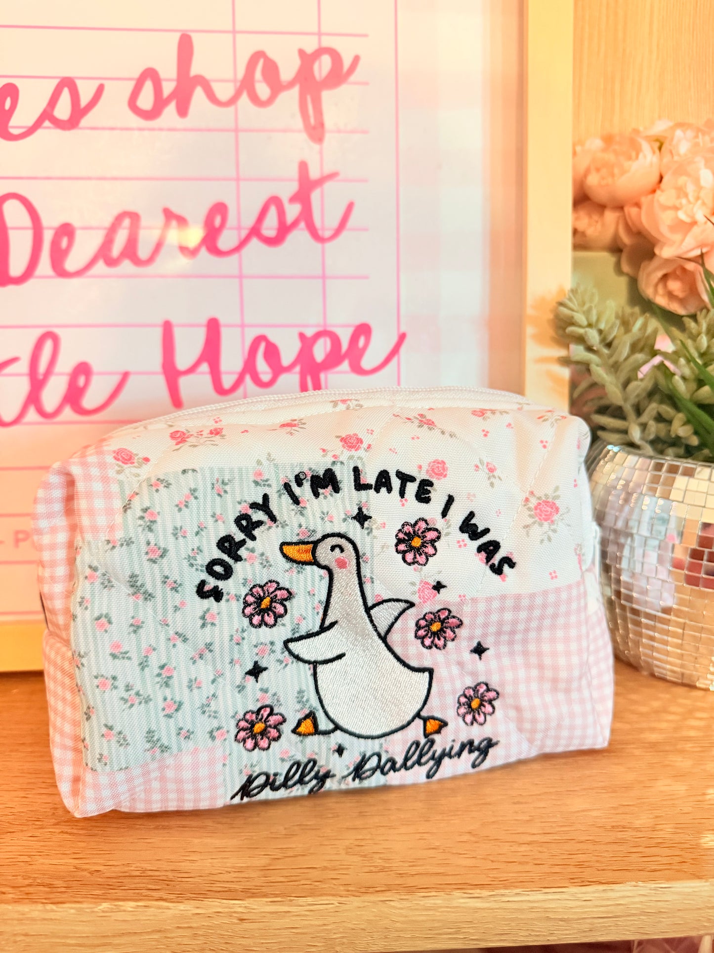 SORRY IM LATE I WAS DILLY DALLYING EMBROIDERED XL POUCH