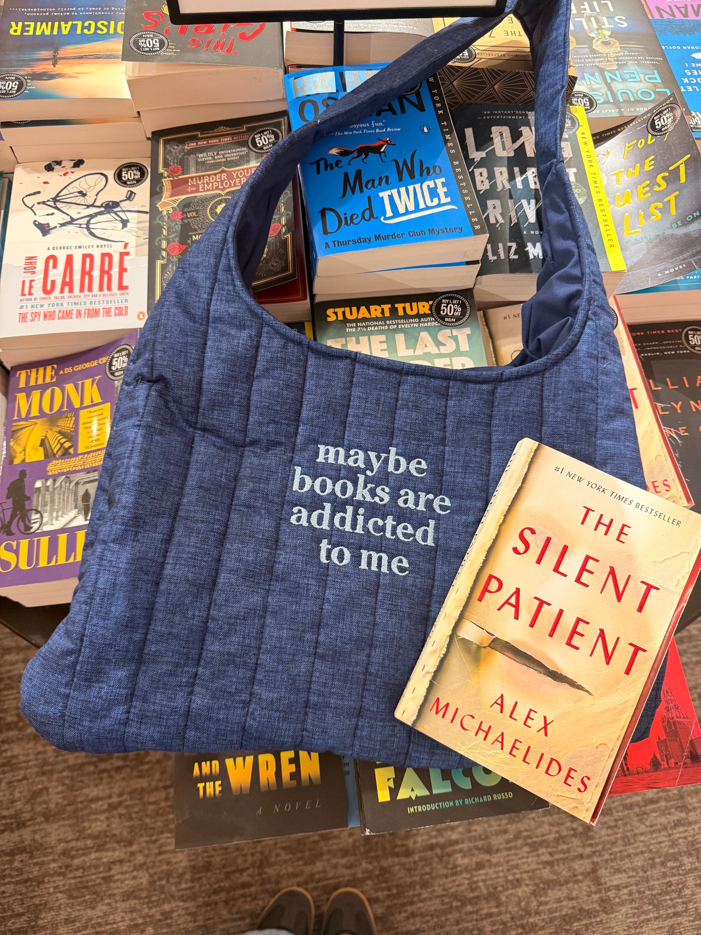 MAYBE BOOKS ARE ADDICTED TO ME EMBROIDERED BAG