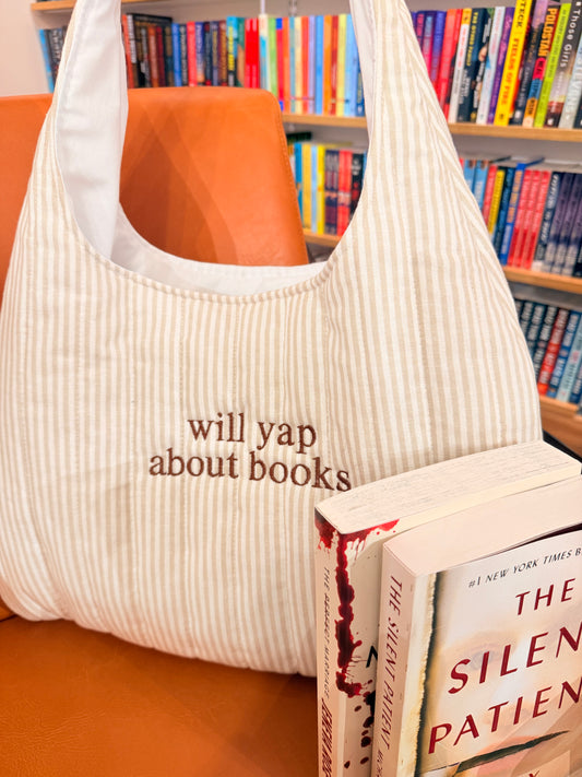 WILL YAP ABOUT BOOKS EMBROIDERED STRIPED BAG