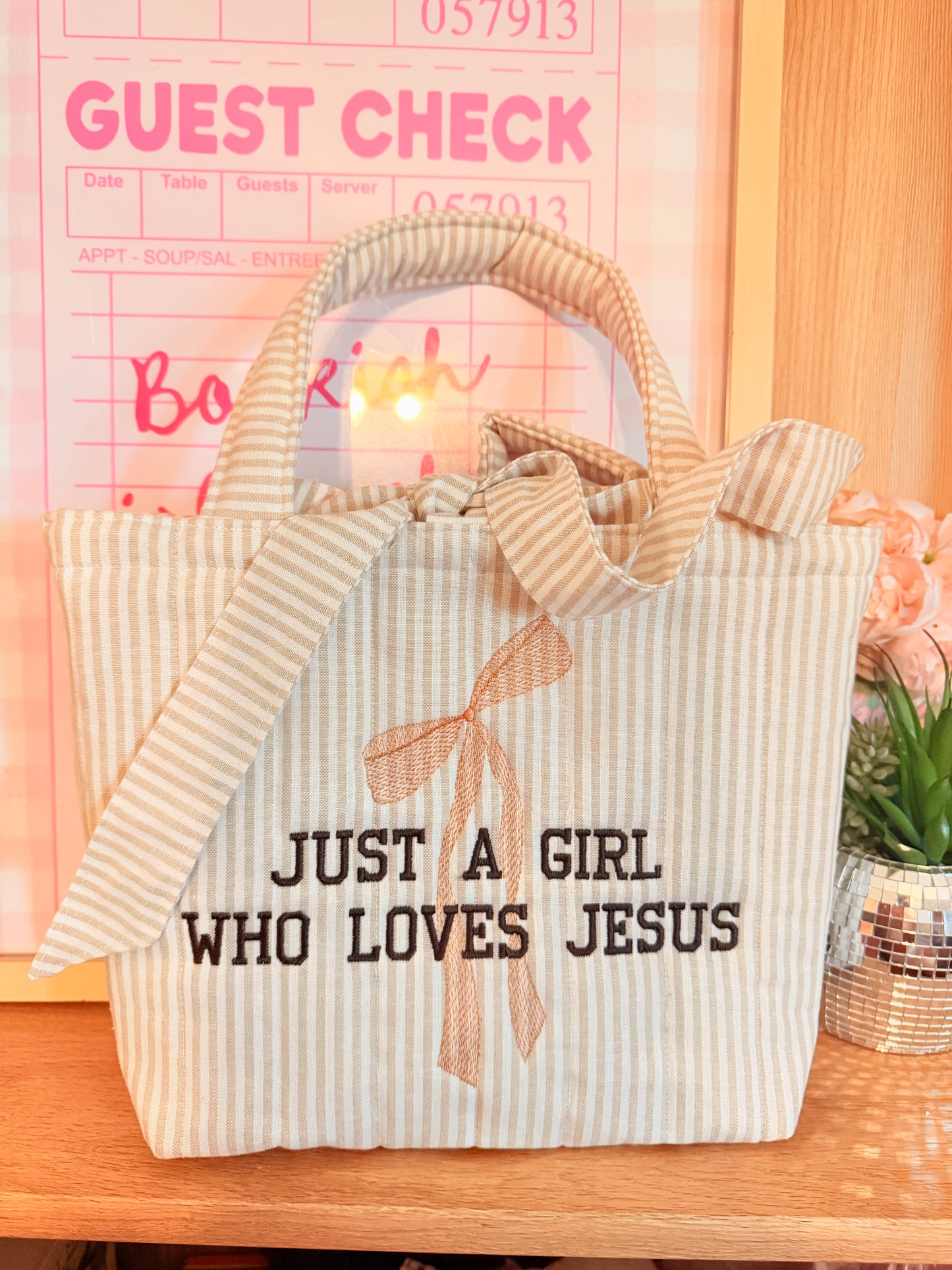 JUST A GIRL WHO LOVES JESUS EMBROIDERED MINI TOTE