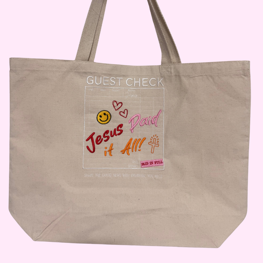 JESUS PAID IT ALL EMBROIDERED CANVAS TOTE